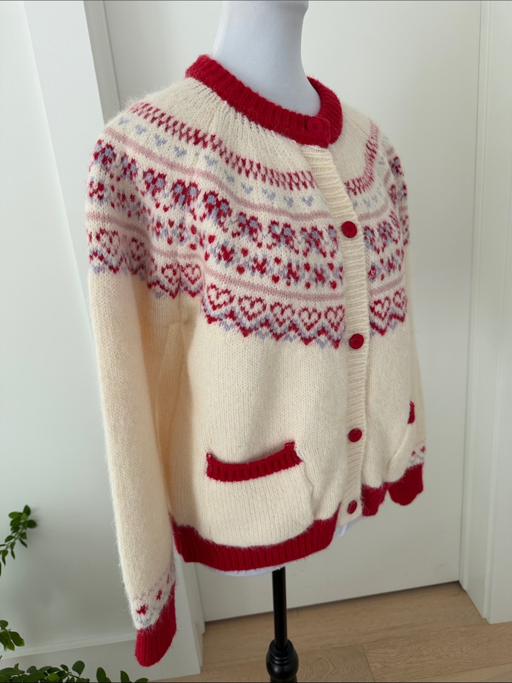 FAIR ISLE  Hearts Bows Cardigan Sweater Fuzzy Soft Cozy Pockets Nordic Soft Girl - Picture 5 of 17